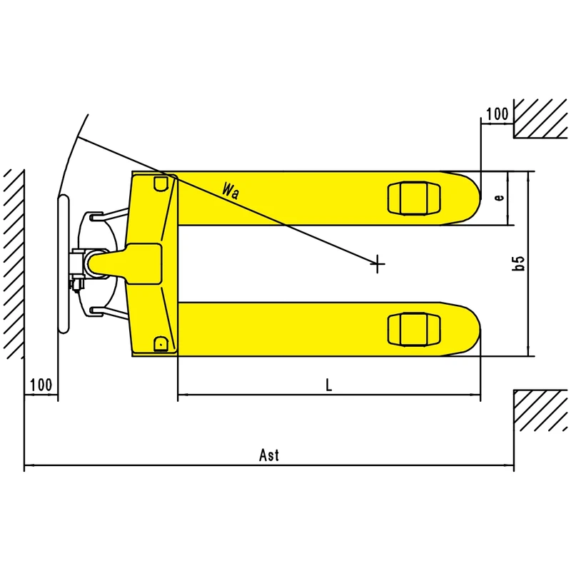 Vue de dessus et dimensions du transpalette manuel RPV2500BP