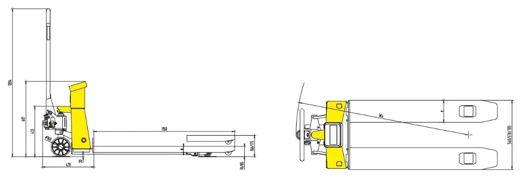 Dimensions techniques du transpalette peseur RPVV2500 2 500 kg