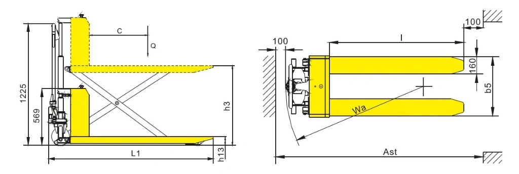 Dimensions du transpalette haute levée semi-électrique PESV8