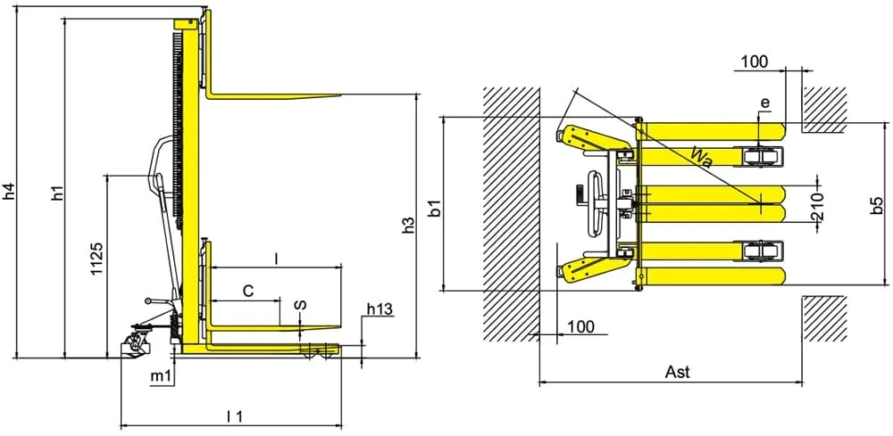 Dimensions du gerbeur manuel RVV2000-KPV et RVV2000T-KPV