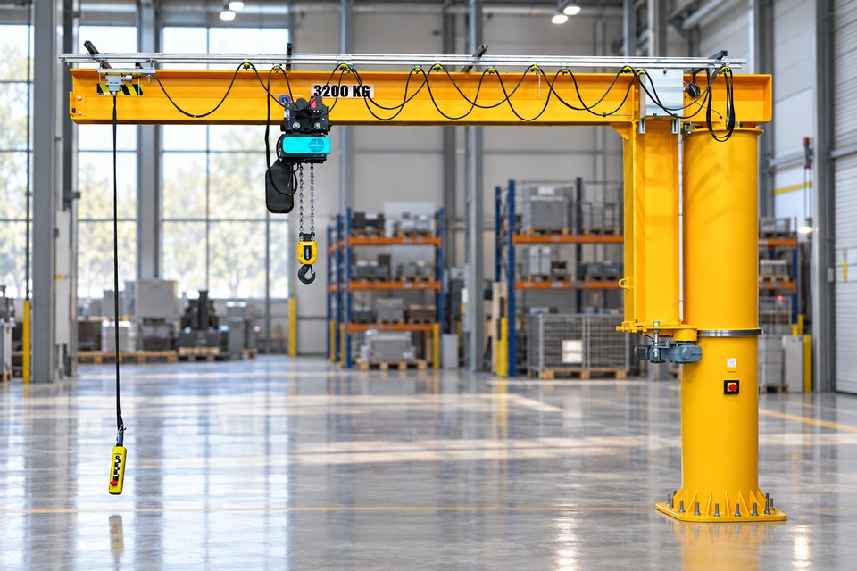 Potence sur fût à rotation totale Comege RSD avec palan électrique à chaîne dans un hall industriel